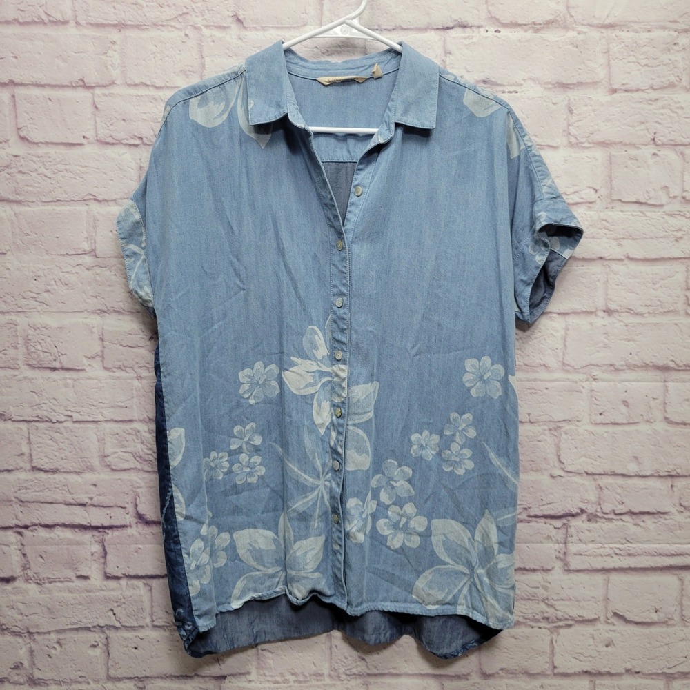 Soft Surroundings Lochlea Tunic Shirt Sz PM Button Up Chambray Denim Look Floral